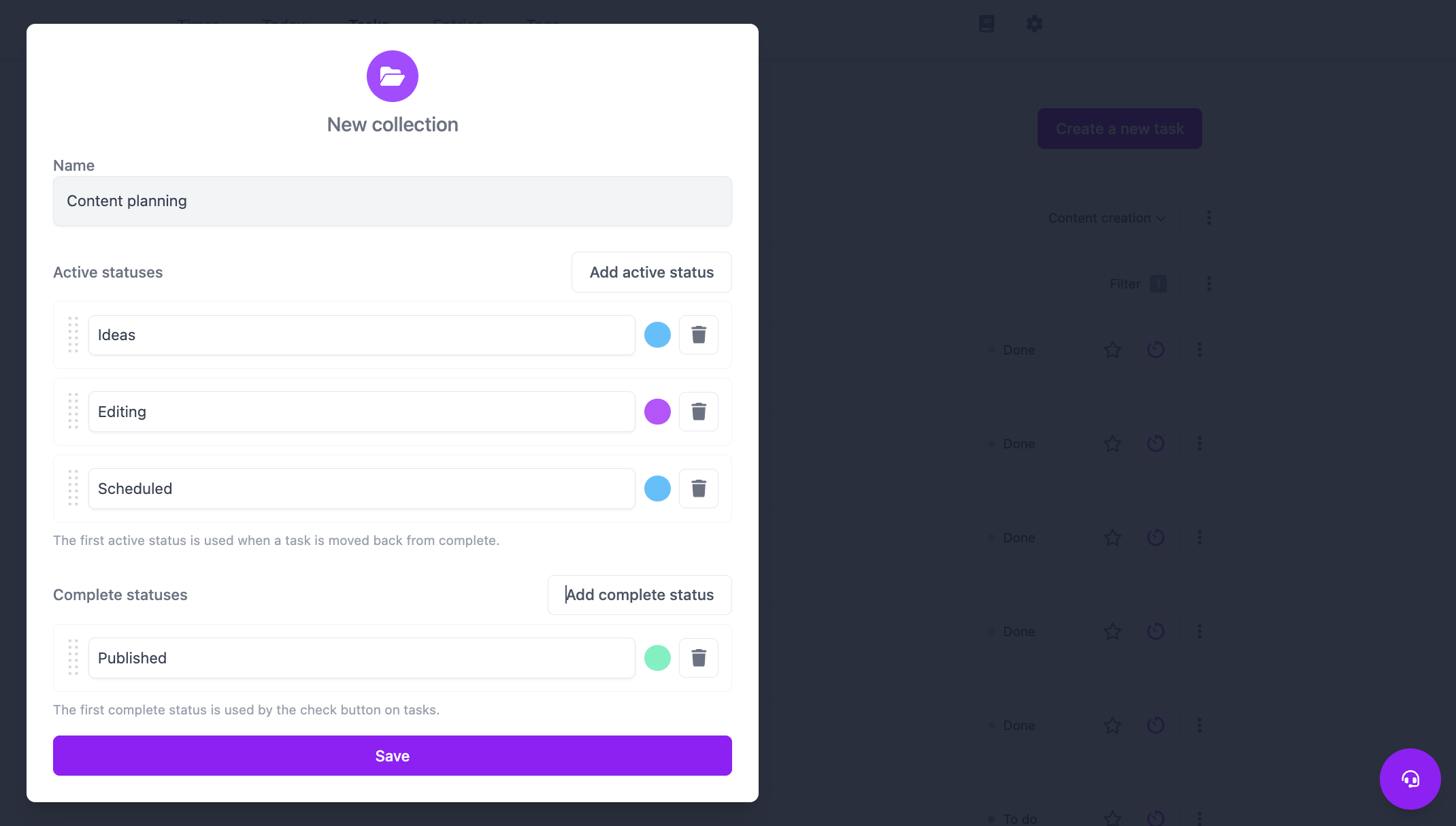 An animation showing a task being dragged from one status to another in a Kanban board.